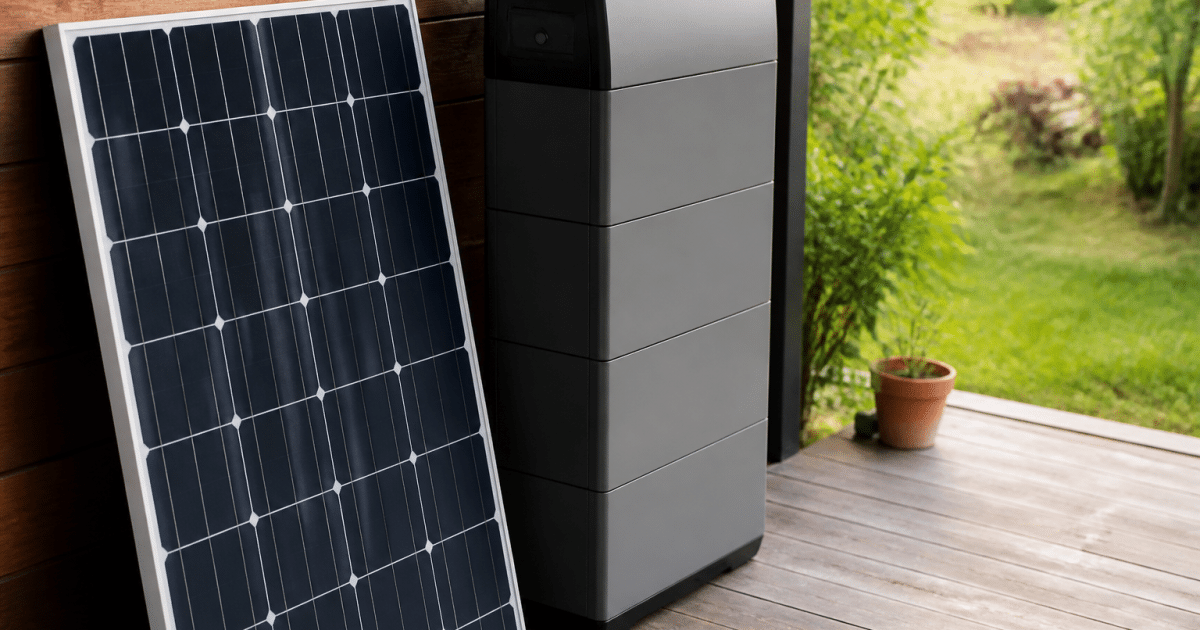 Batterie de stockage volumineuse posee verticalement pres panneau solaire