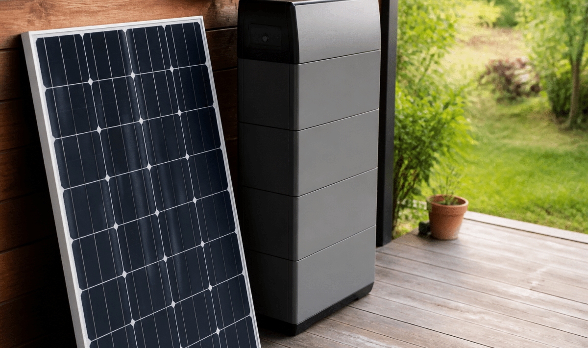 Batterie de stockage volumineuse posee verticalement pres panneau solaire