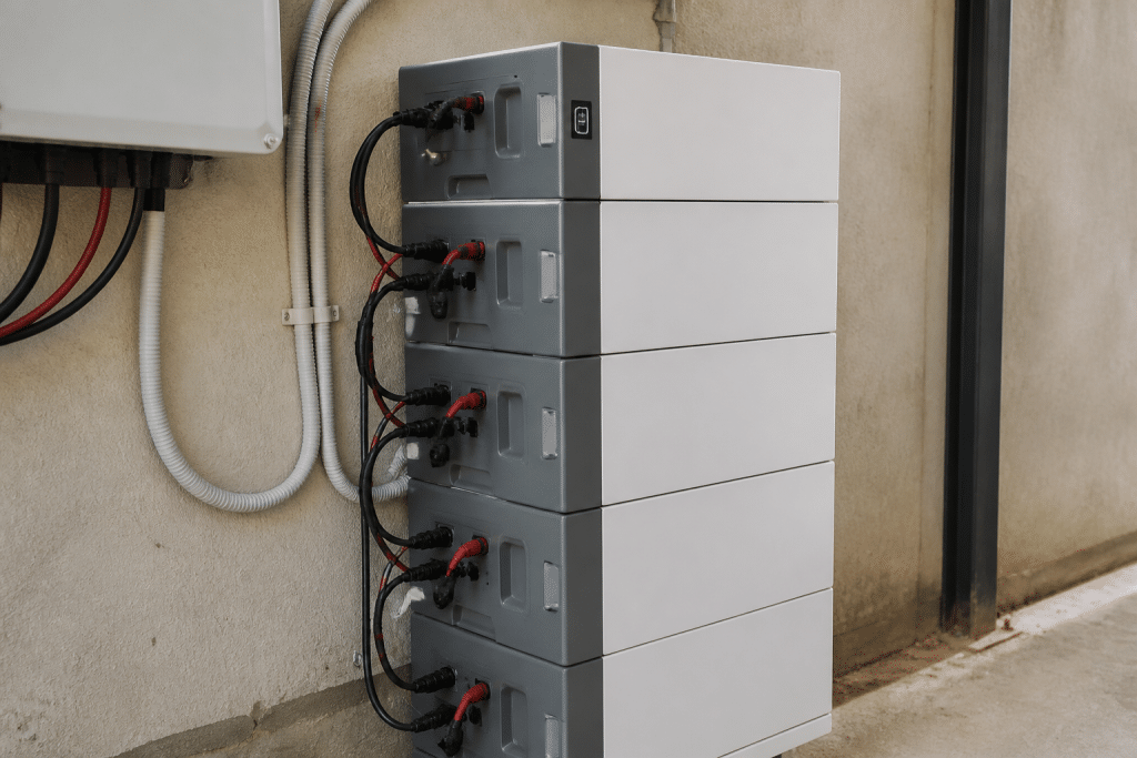 Modules de batterie empilables gris et blanc connectes en serie