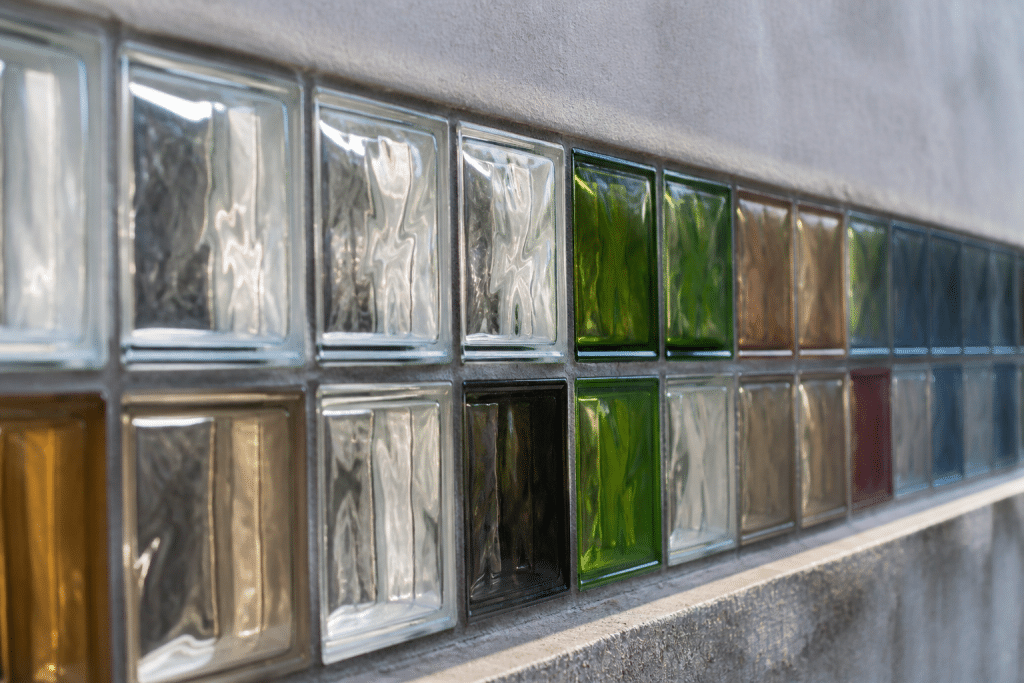 Briques verre carrées transparentes, opalescentes et colorées alignées