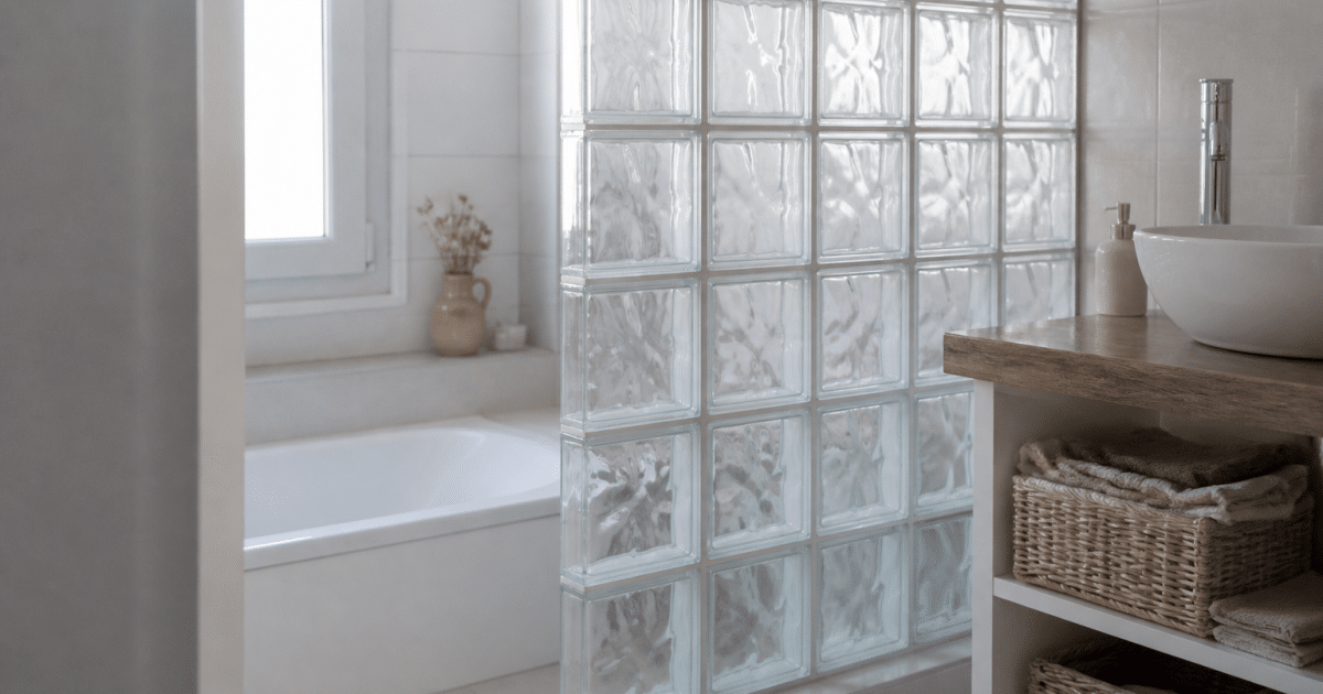 Paroi translucide de briques de verre separant baignoire blanche