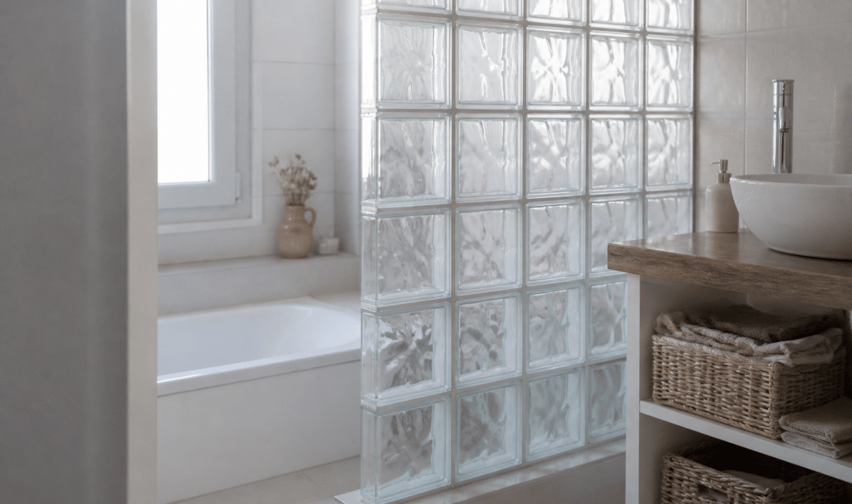 Paroi translucide de briques de verre separant baignoire blanche