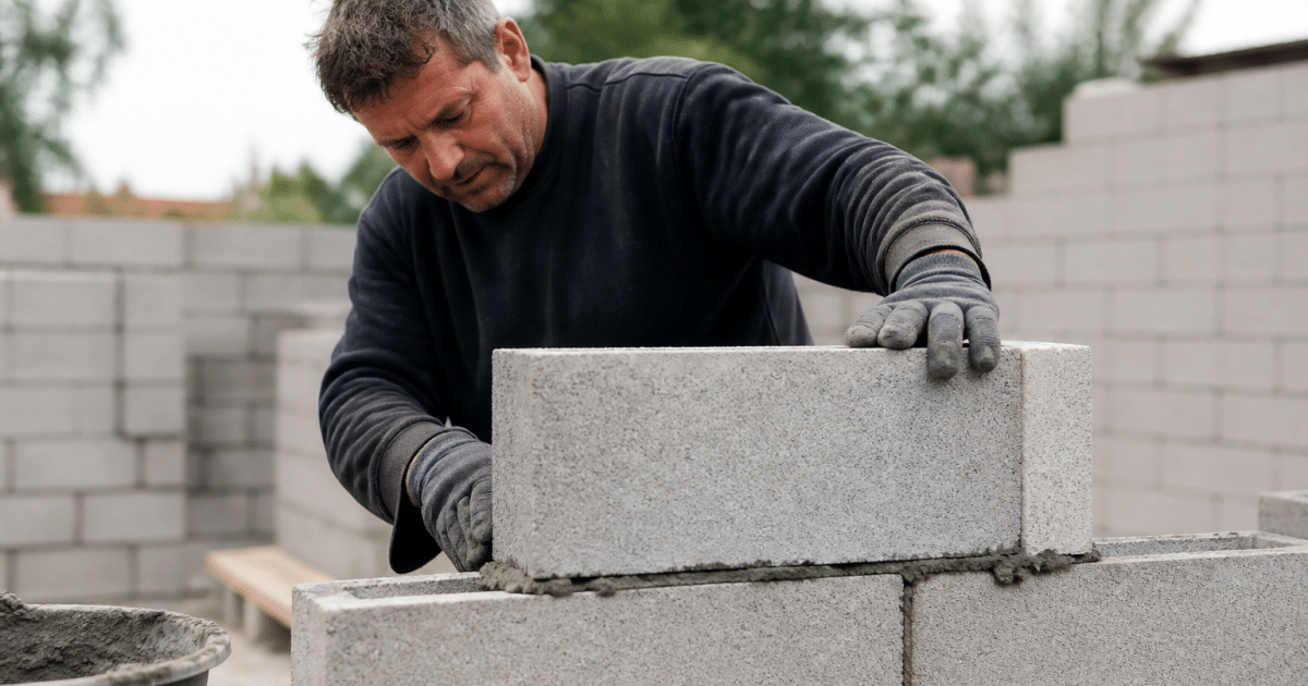 Maçon empilant des blocs gris horizontalement sur mortier