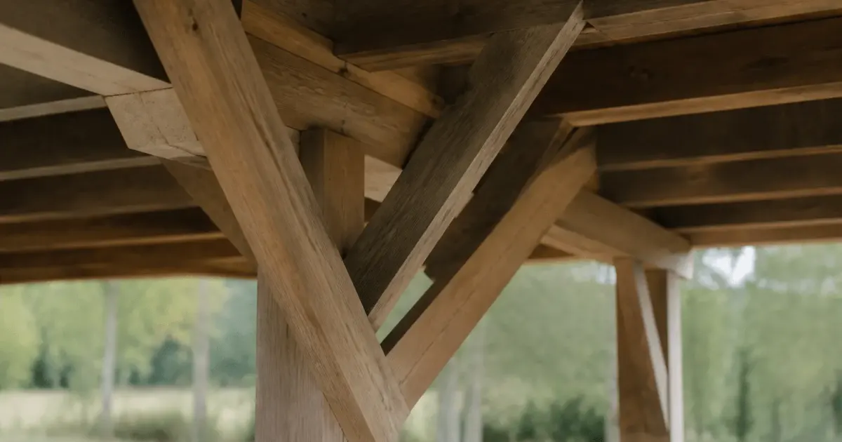 Charpente bois verticale soutenue par poteaux robustes entrecroisés