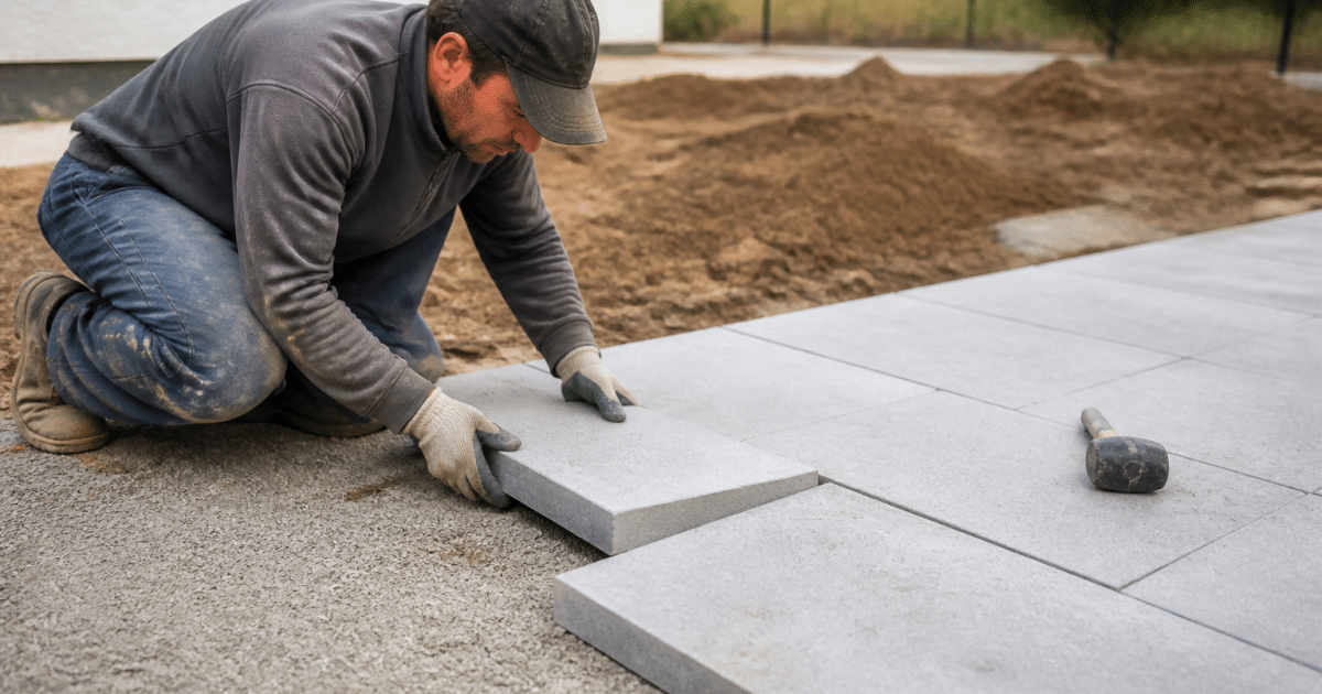 Ouvrier posant dalle beton grise sur terrain plat