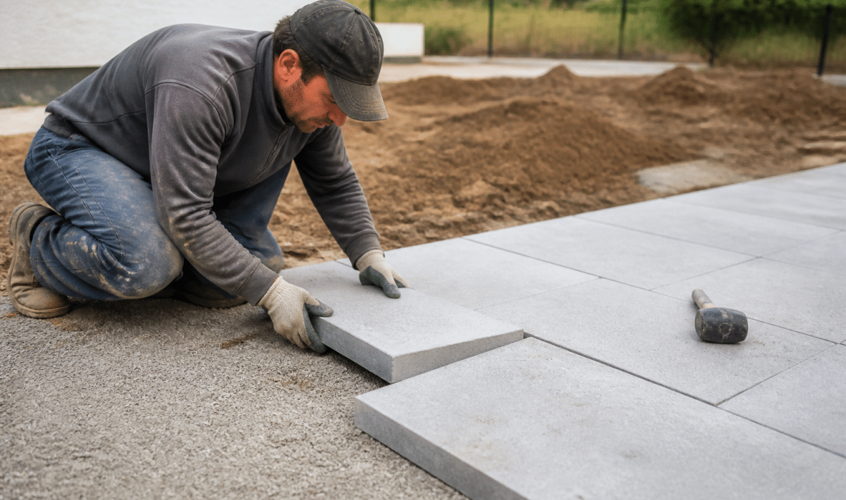 Ouvrier posant dalle beton grise sur terrain plat