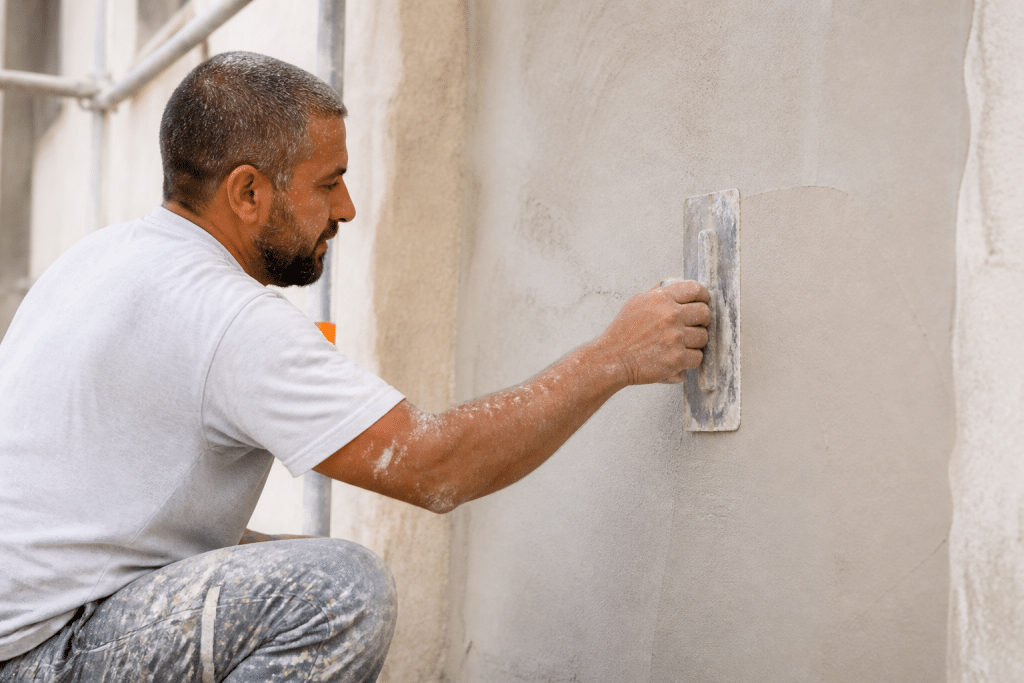 Ouvrier appliquant enduit lissé sur mur de façade