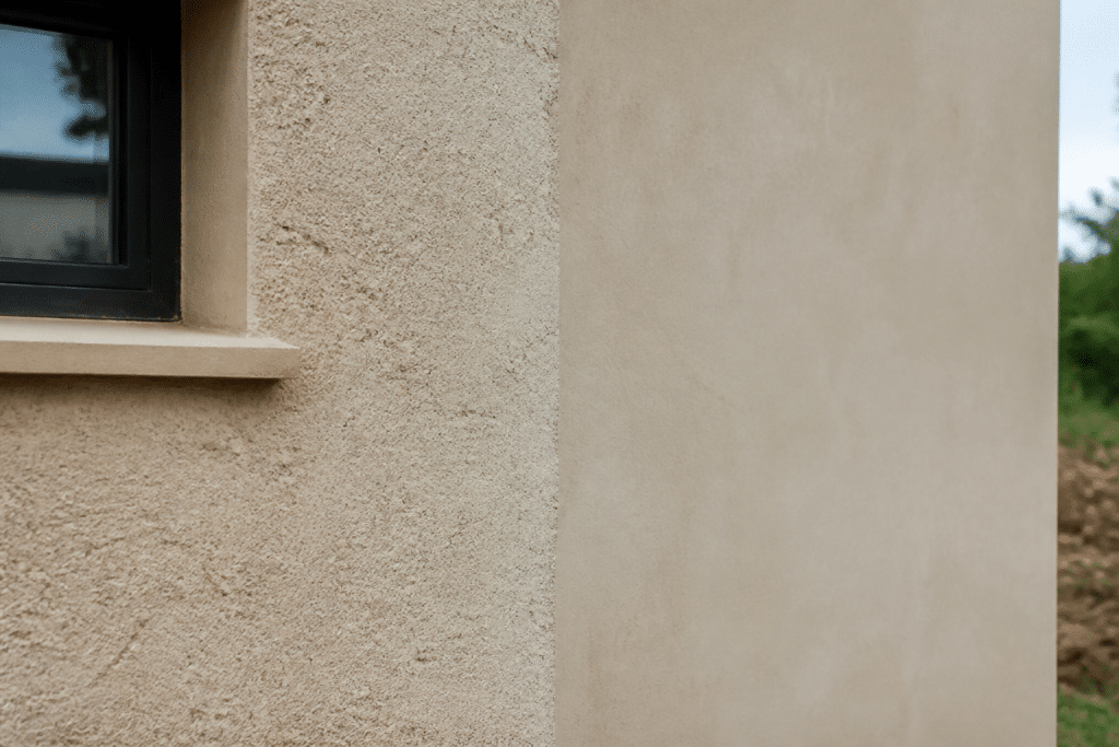 Facade enduite montrant texture gratee et lisse comparaison