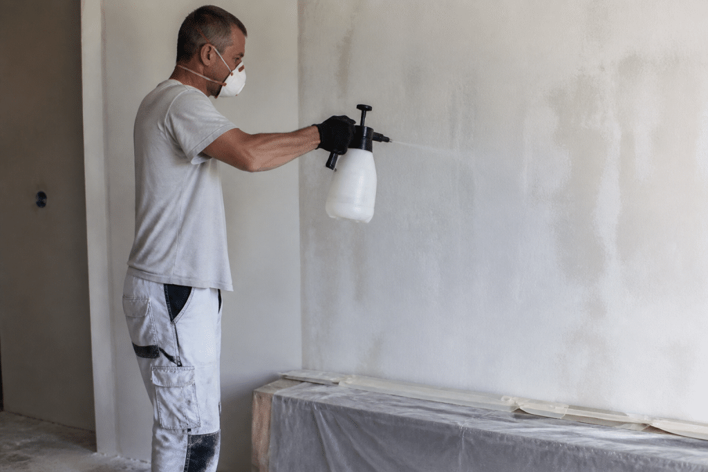 Applicateur pulverise produit adhesif sur surface platre blanche