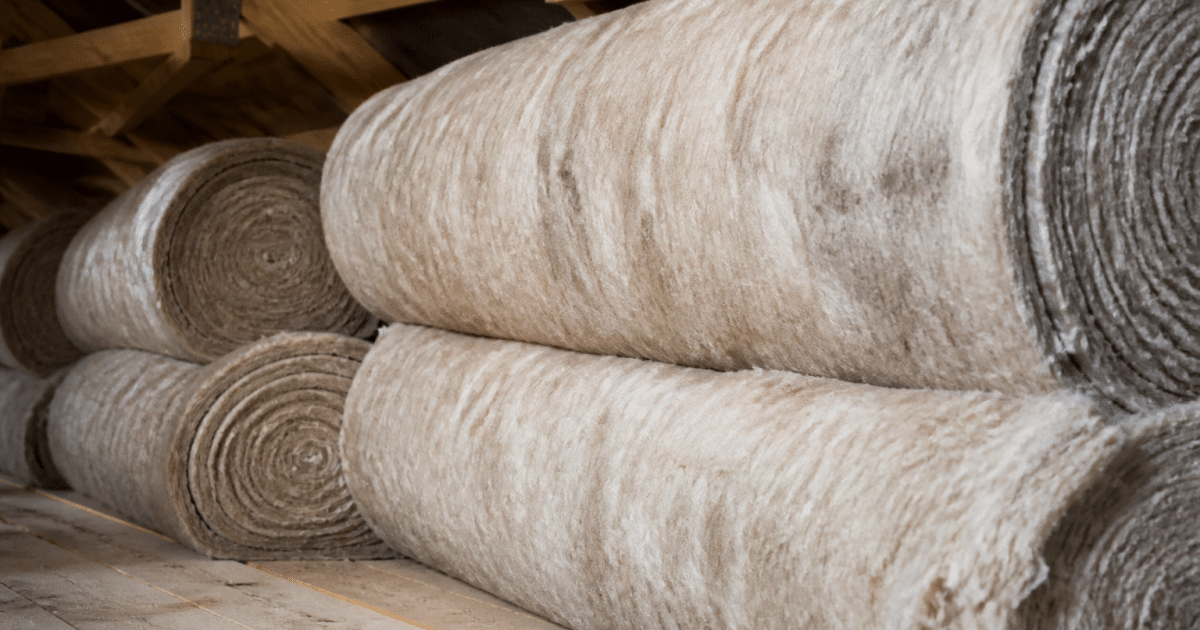 Rouleaux isolant fibreux empiles horizontalement sous charpente bois
