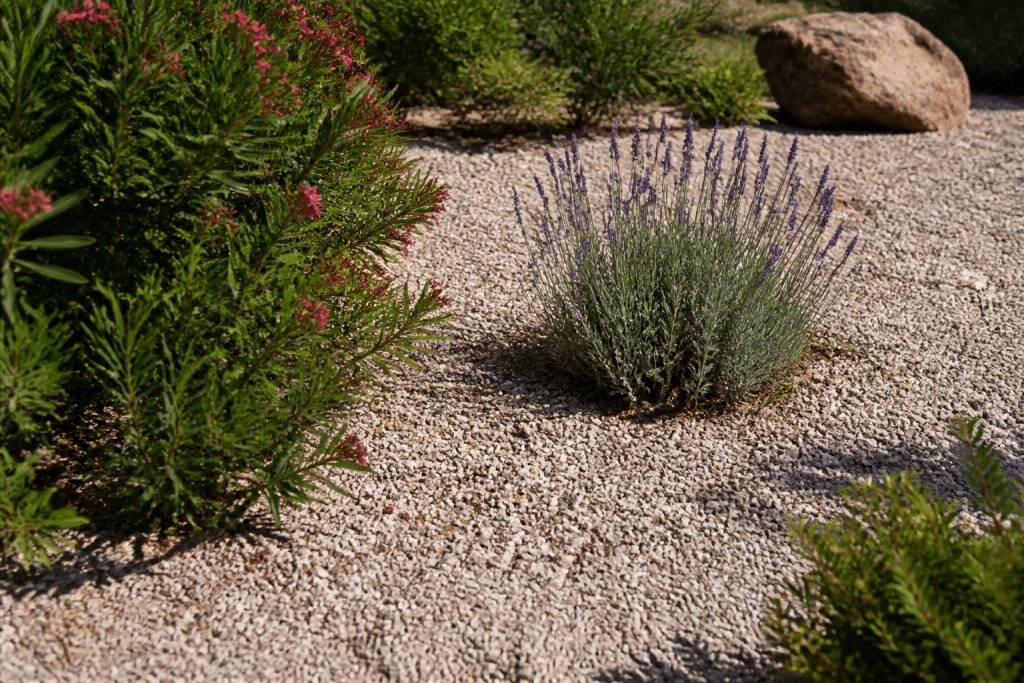 Sol avec gravier et plantes méditerranéennes sous soleil intense
