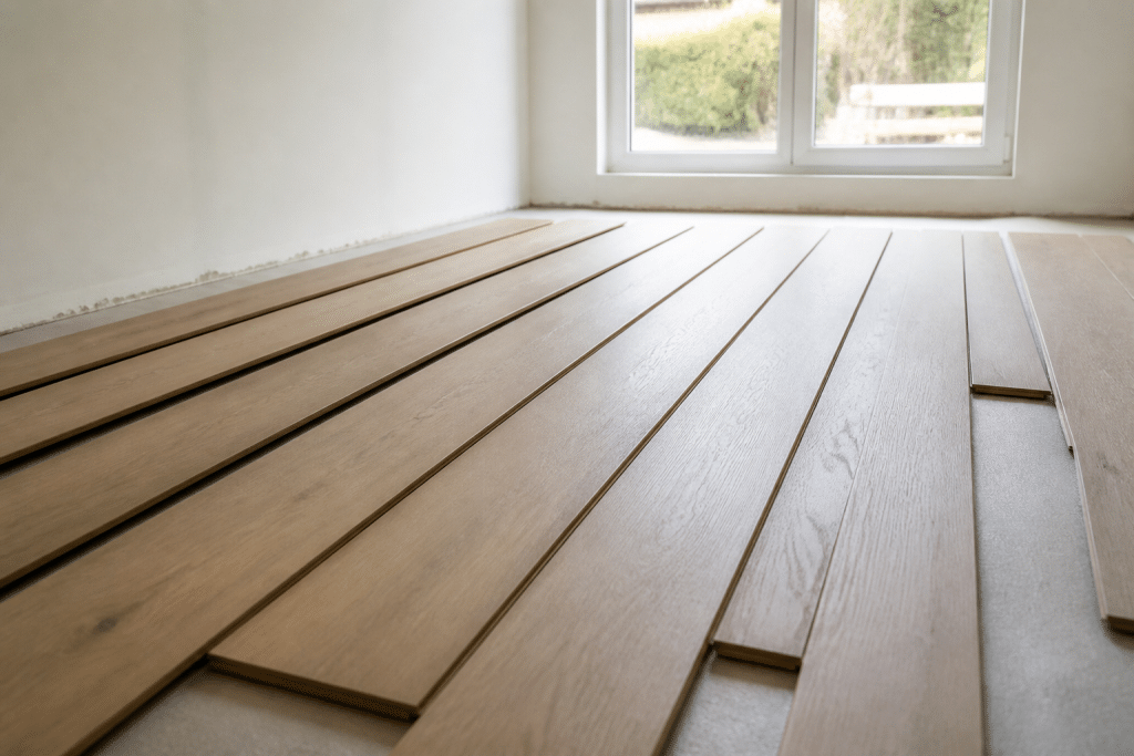 Lames de parquet alignees dans piece rectangulaire claire