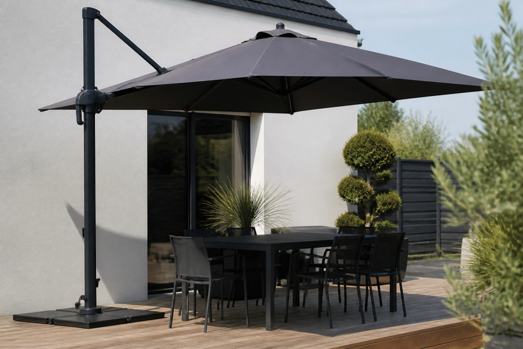 Parasol déporté gris sur terrasse avec pied lesté aluminium