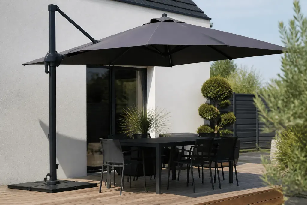 Parasol déporté gris sur terrasse avec pied lesté aluminium