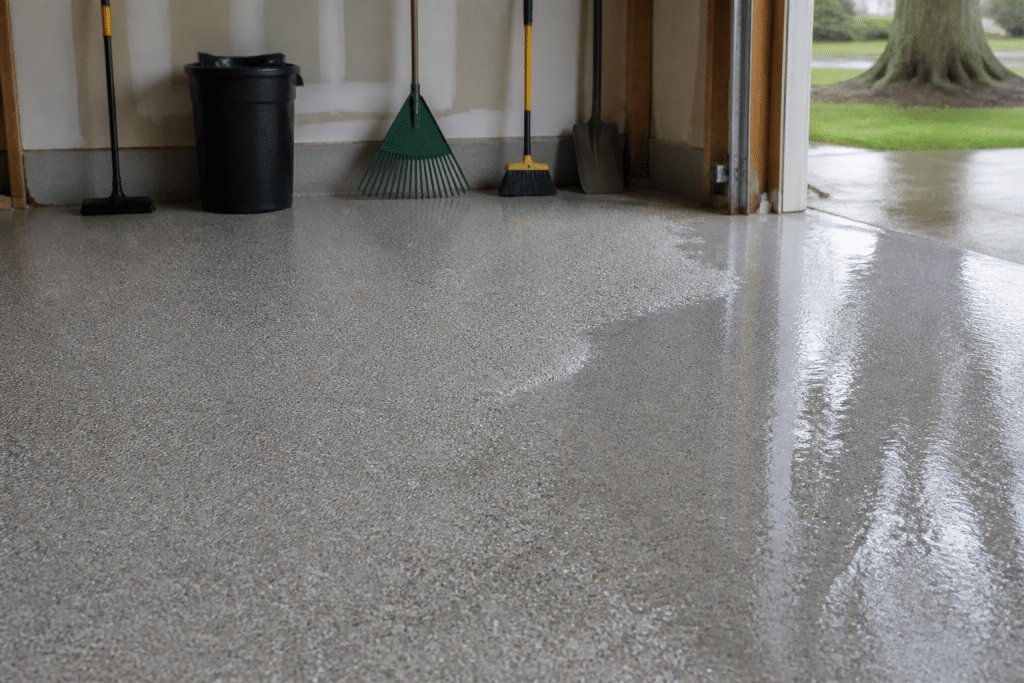 Garage floor with wet paint and anti-slip beads applied.