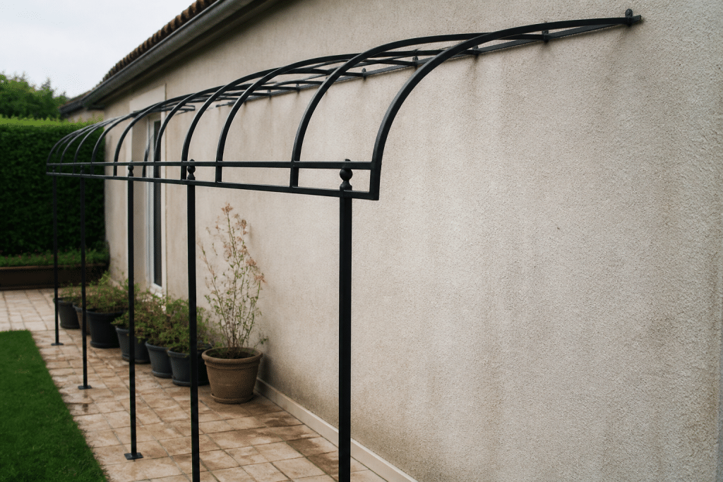 Structure metallique noire avec arceaux courbes adossee maison jardin