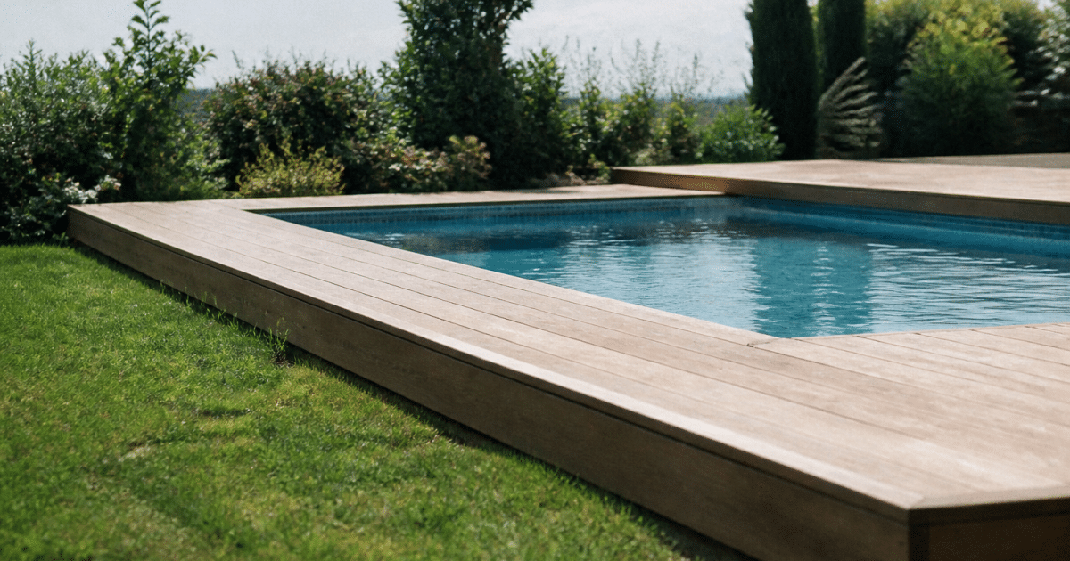 Plateforme bois surélevée bordant piscine rectangulaire remplie