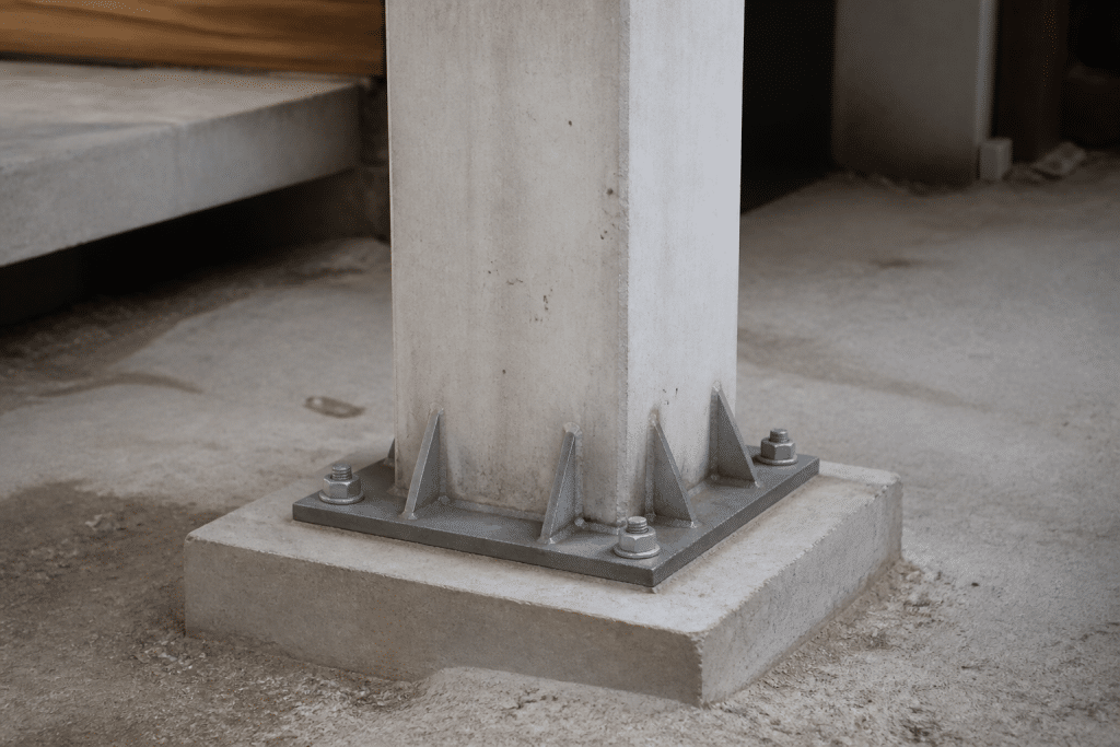 Poteau beton ancre dans fondation avec platine metallique