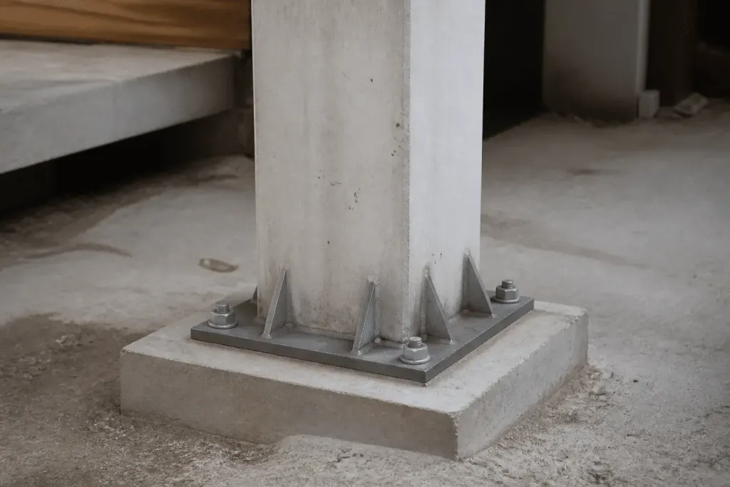 Poteau beton ancre dans fondation avec platine metallique