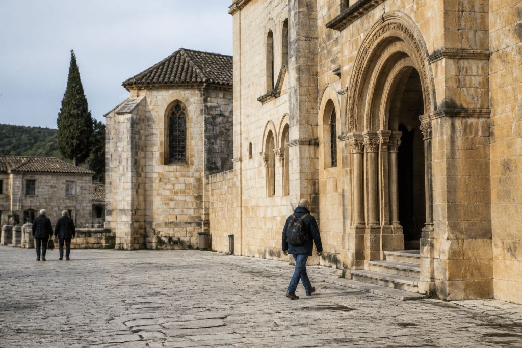 Place architecturale avec batiments historiques et passants tranquilles