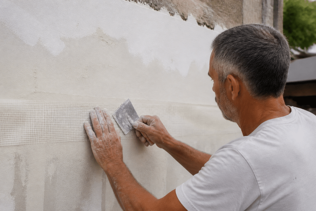 Main appliquant bande renfort fibre verre sur mur