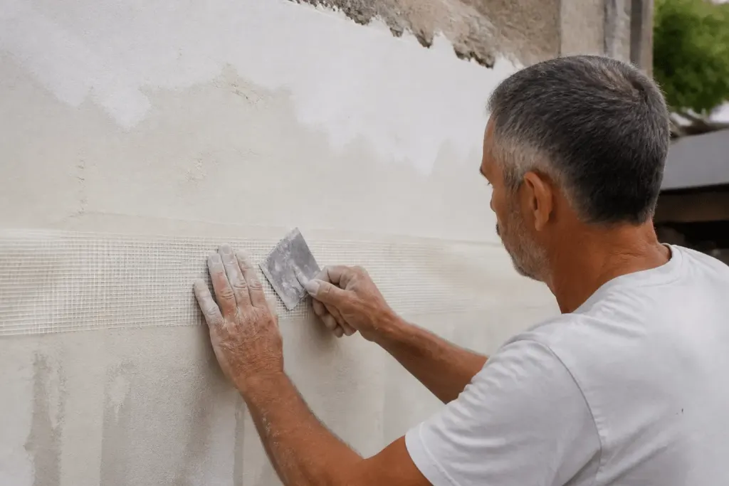 Main appliquant bande renfort fibre verre sur mur