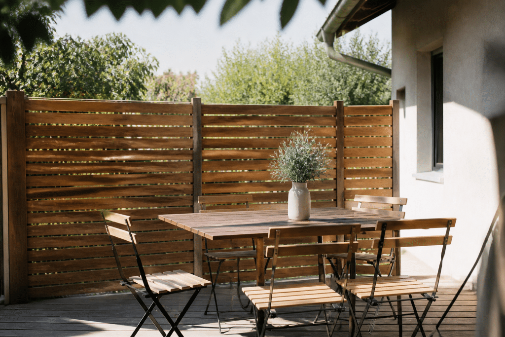 Terrasse avec pare-vent bois ajouré bloquant air