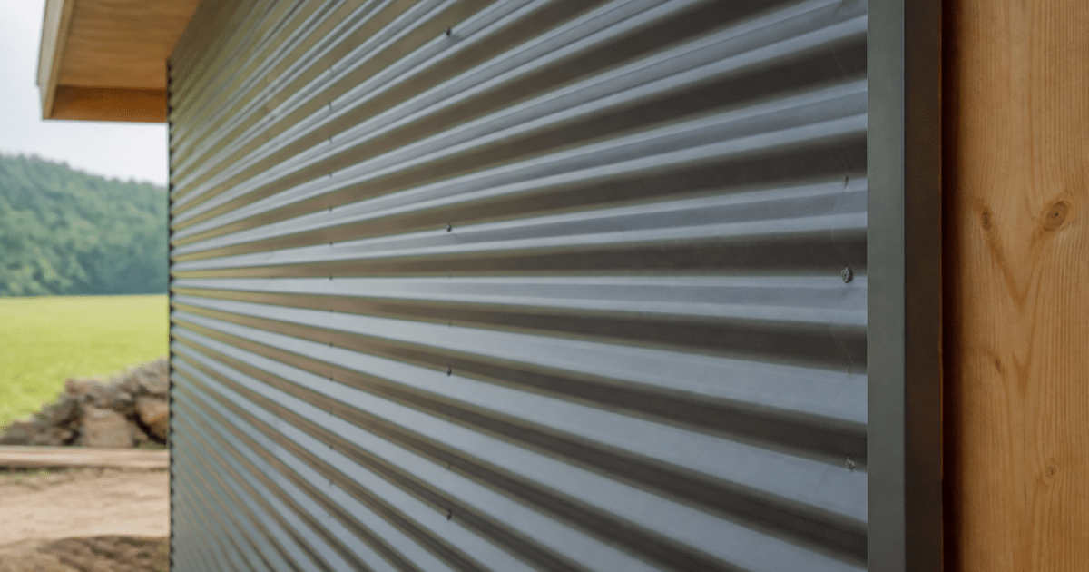 Panneaux metalliques ondules installes horizontalement sur charpente bois