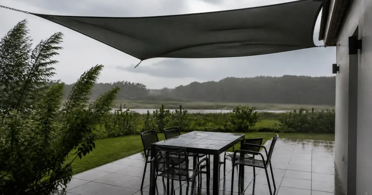 Voile d'ombrage tendue horizontalement au-dessus terrasse battue par vent