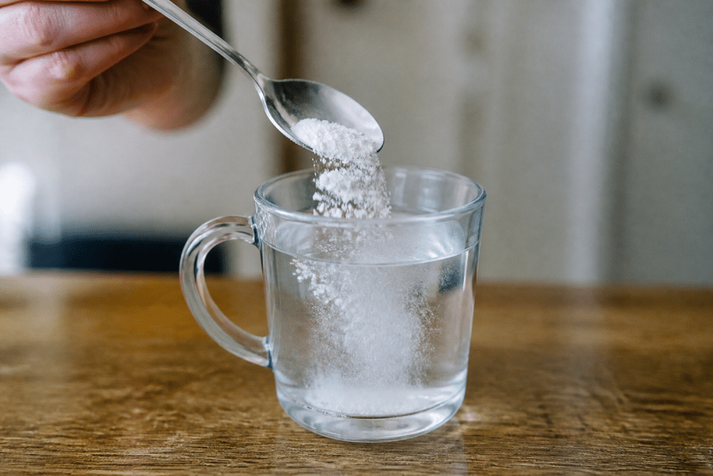 Bicarbonate blanc versé dans eau chaude claire