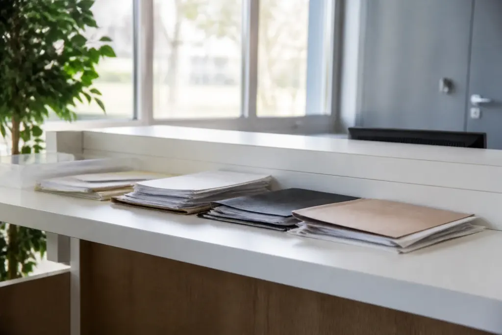 Dossiers administratifs sur comptoir blanc mairie