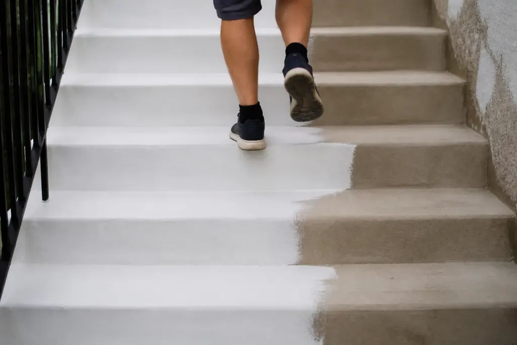 Marches alternees recouvertes de peinture blanche fraiche