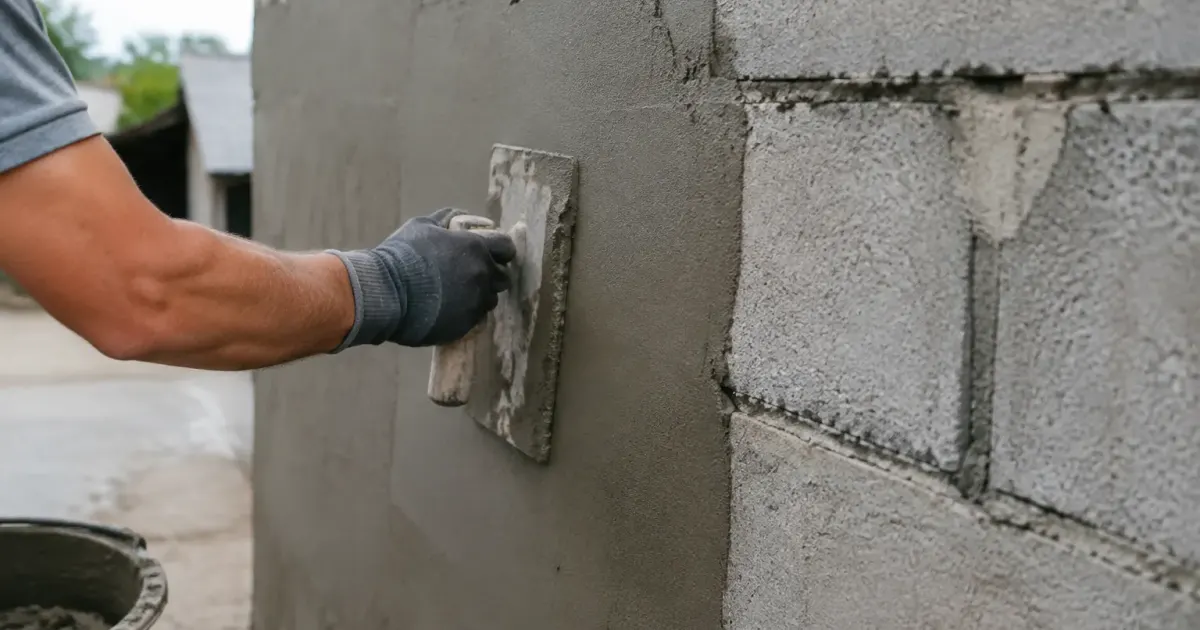 Mortier gris applique uniformement sur bloc beton