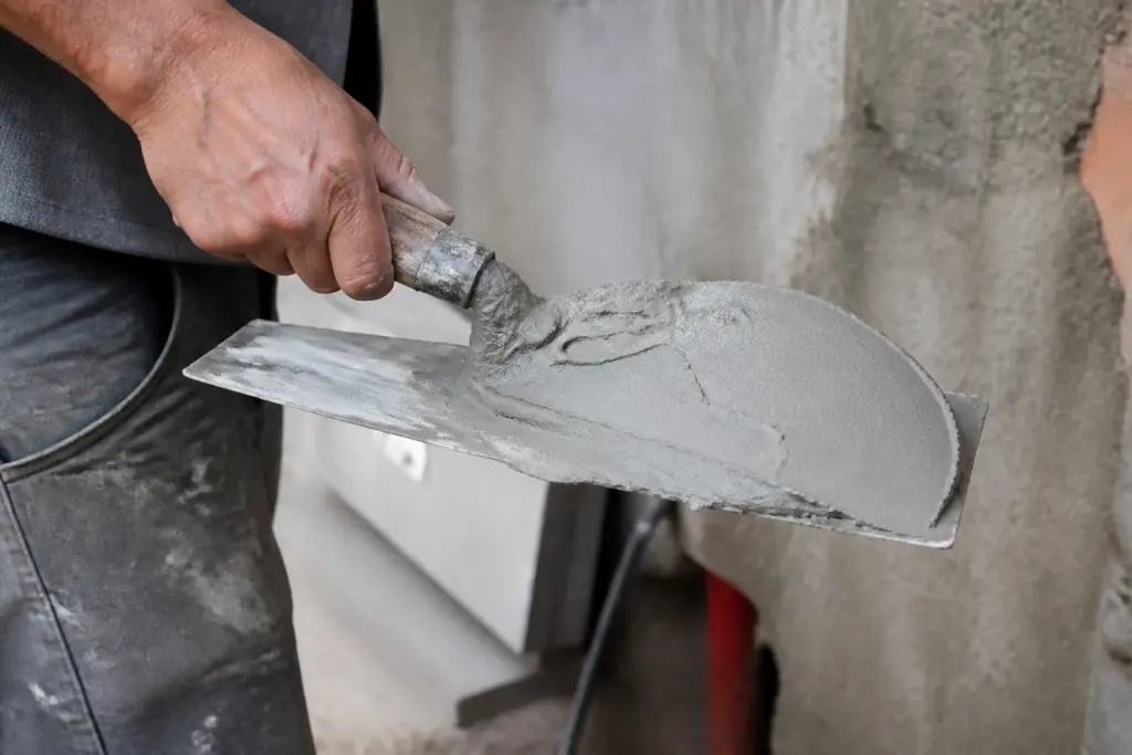 Mortier lisse gache sur truelle d'ouvrier