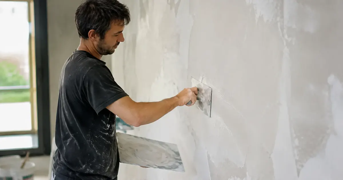 Ouvrier debout etale pate blanche au couteau sur mur