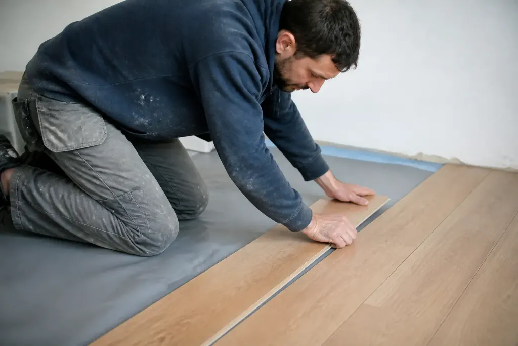 Ouvrier installe des lames de bois sur film gris