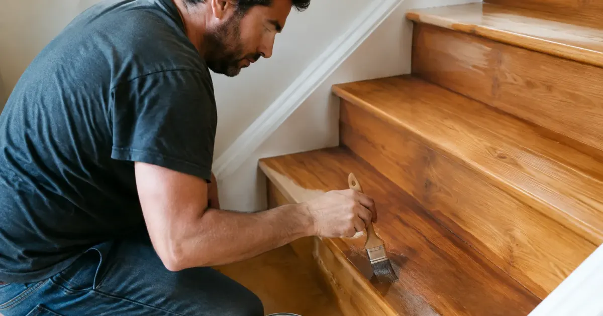 Main tenant pinceau sur marches escalier bois