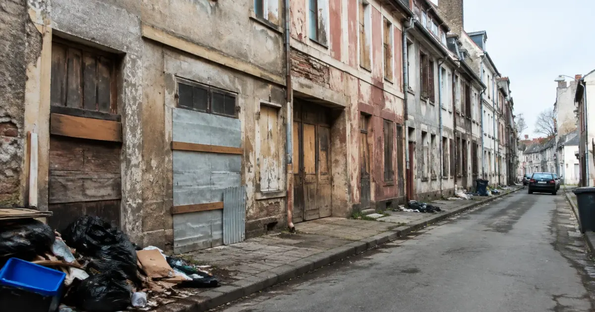 rue avec facades degradees portes barricadees et dechets